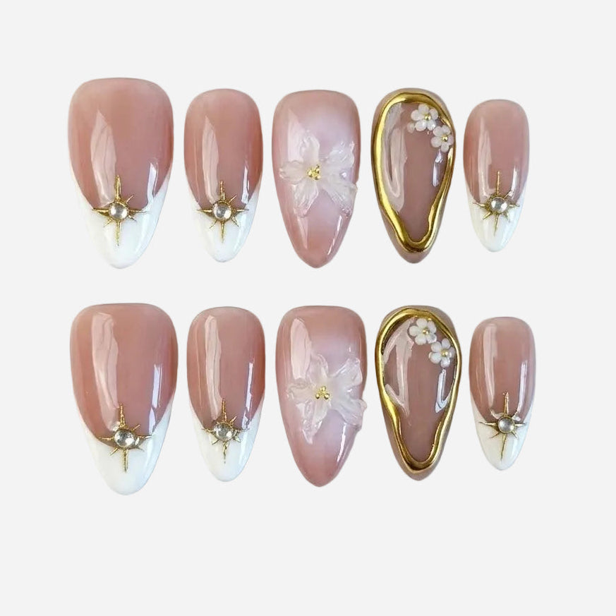 Halo Lux French press on nails with handmade gel finish by ROXORA