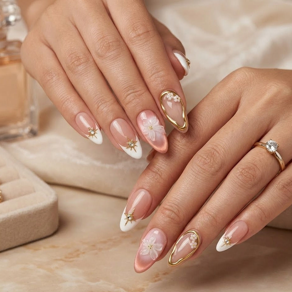 Close up of Halo Lux soft French nail design with glossy gel shine