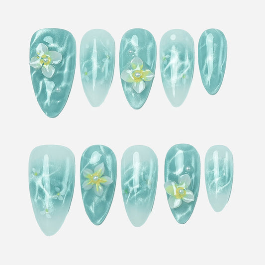 Mint Waterlily mint green floral press on nails with handmade gel nail art by ROXORA