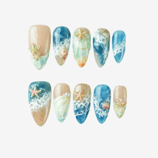 Ocean Breeze blue ocean inspired press on nails with handmade gel nail art by ROXORA